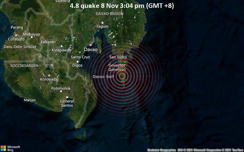 Leichtes Erdbeben der Stärke 4.8 - Mindanao, 51 km südlich von Mati City, Province of Davao Oriental, Philippinen, am Montag,  8. Nov 2021 um 15:04 Lokalzeit