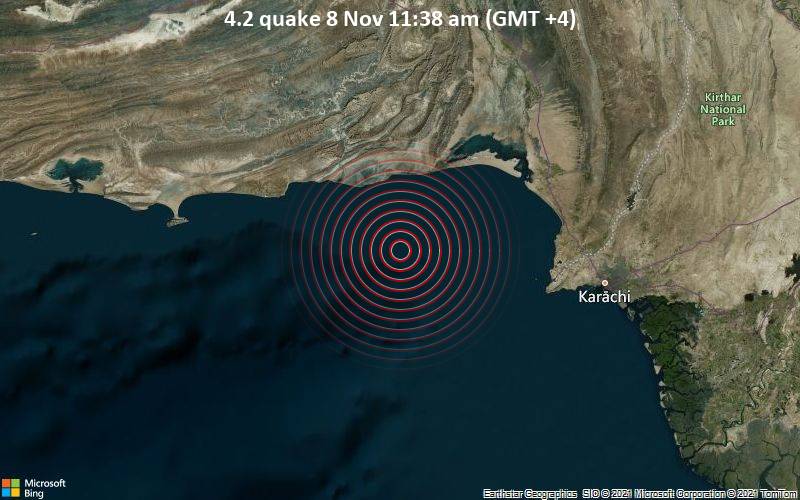 Moderates Erdbeben der Stärke 4.2 - Arabisches Meer, 118 km westlich von Karatschi, Sindh, Pakistan, am Montag,  8. Nov 2021 um 11:38 Lokalzeit