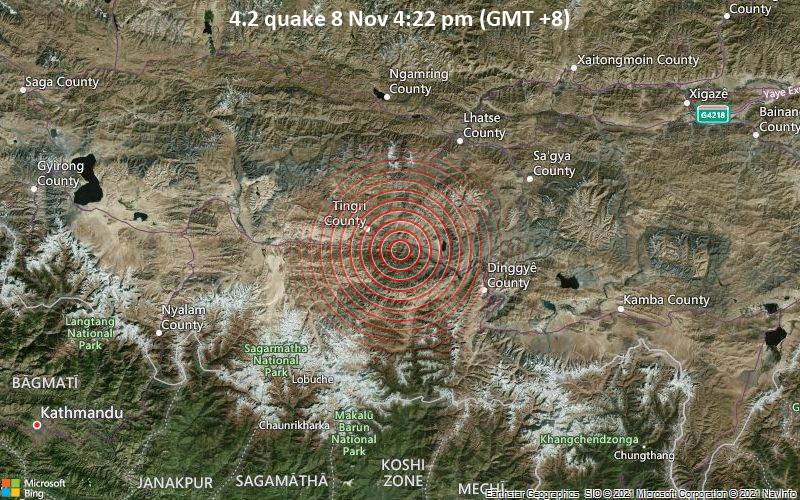 Moderates Erdbeben der Stärke 4.2 - 172 km südwestlich von Shigatse, Tibet, China, am Montag,  8. Nov 2021 um 16:22 Lokalzeit