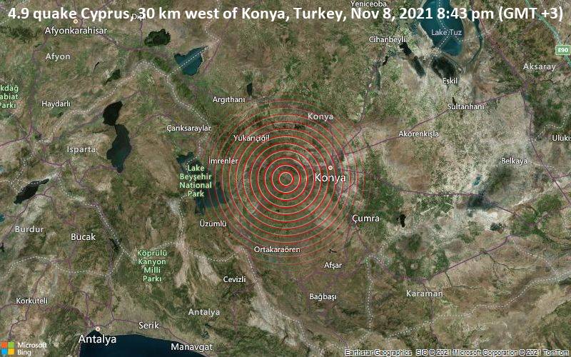 Moderates Erdbeben der Stärke 4.9 - Cyprus, 30 km westlich von Konya, Türkei, am Montag,  8. Nov 2021 um 20:43 Lokalzeit