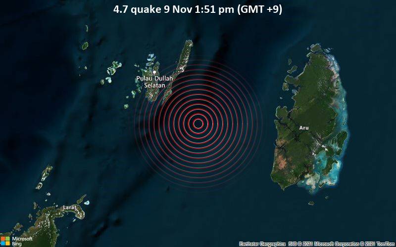 Quake Info: Light Mag. 4.7 Earthquake - Aru Sea, 84 Km Southeast Of Tual, Maluku, Indonesia, On Tuesday, Nov 9, 2021 1:51 Pm (Gmt +9) / Volcanodiscovery