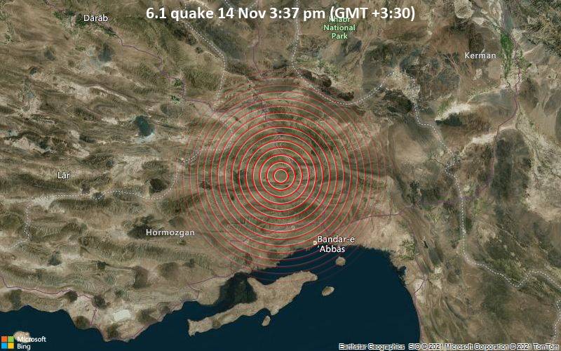 Sehr starkes Magnitude 6.1 Erdbeben - 60 km nordwestlich von Bandar Abbas, Hormozgan, Iran, am Sonntag, 14. Nov 2021 um 15:37 Lokalzeit