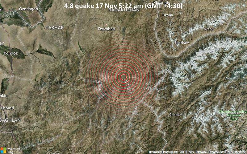 Leichtes Erdbeben der Stärke 4.8 - Yamgān, 85 km südlich von Faizabad, Faīẕābād, Badakhshan, Afghanistan, am Mittwoch, 17. Nov 2021 um 05:22 Lokalzeit