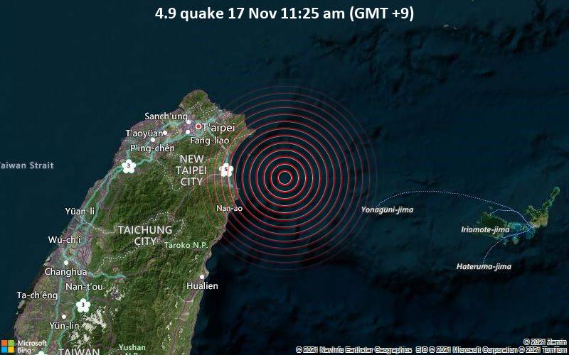 Moderates Erdbeben der Stärke 4.9 - Philippine Sea, 49 km östlich von Ilan, Taiwan, am Mittwoch, 17. Nov 2021 um 11:25 Lokalzeit
