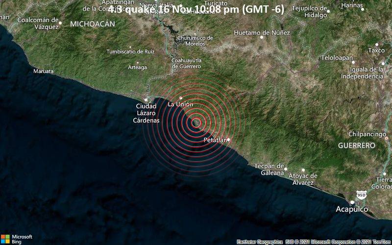Leichtes Erdbeben der Stärke 4.3 - 13 km nordwestlich von Zihuatanejo, Guerrero, Mexiko, am Dienstag, 16. Nov 2021 um 22:08 Lokalzeit