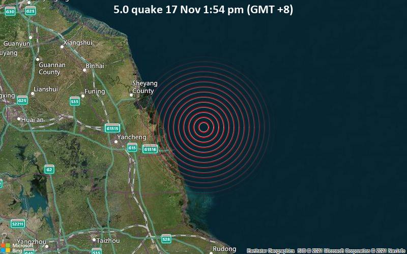 Starkes Magnitude 5.0 Erdbeben - Gelbe Meer, 67 km nordöstlich von Dazhong, Jiangsu, China, am Mittwoch, 17. Nov 2021 um 13:54 Lokalzeit
