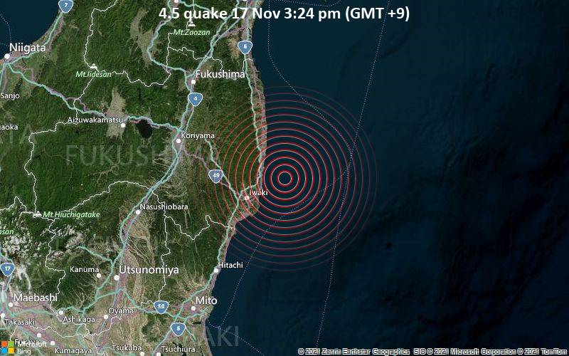 Moderates Erdbeben der Stärke 4.5 - Nordpazifik, 29 km nordöstlich von Iwaki, Präfektur Fukushima, Japan, am Mittwoch, 17. Nov 2021 um 15:24 Lokalzeit