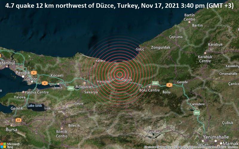 4.7 quake 12 km northwest of Düzce, Turkey, Nov 17, 2021 3:40 pm (GMT +3)