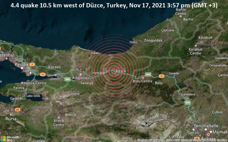 4.4 quake 10.5 km west of Düzce, Turkey, Nov 17, 2021 3:57 pm (GMT +3)