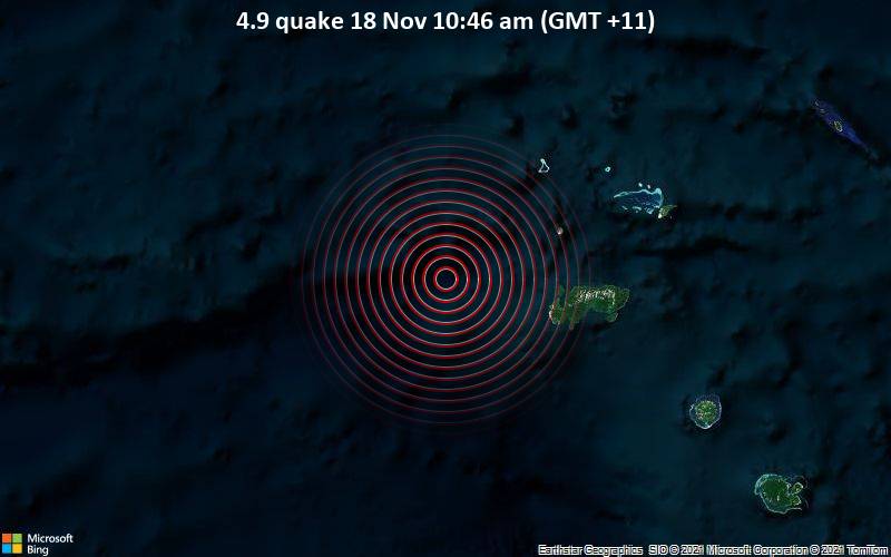 Moderates Erdbeben der Stärke 4.9 - Korallen Meer, 62 km westlich von Lata, Salomonen, am Donnerstag, 18. Nov 2021 um 10:46 Lokalzeit