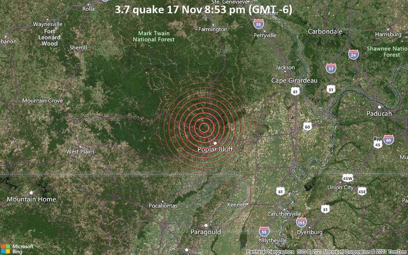 Leichtes Erdbeben der Stärke 3.7 - 20 km nordwestlich von Poplar Bluff, batalara ka'unti County, Missouri, USA, am Mittwoch, 17. Nov 2021 um 20:53 Lokalzeit
