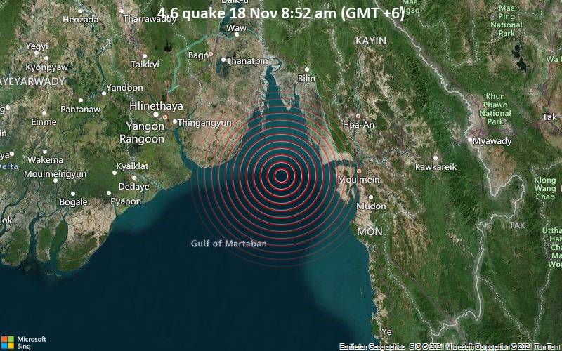 Leichtes Erdbeben der Stärke 4.6 - Andaman Sea, 65 km westlich von Mawlamyine, Mon State, Myanmar, am Donnerstag, 18. Nov 2021 um 08:52 Lokalzeit