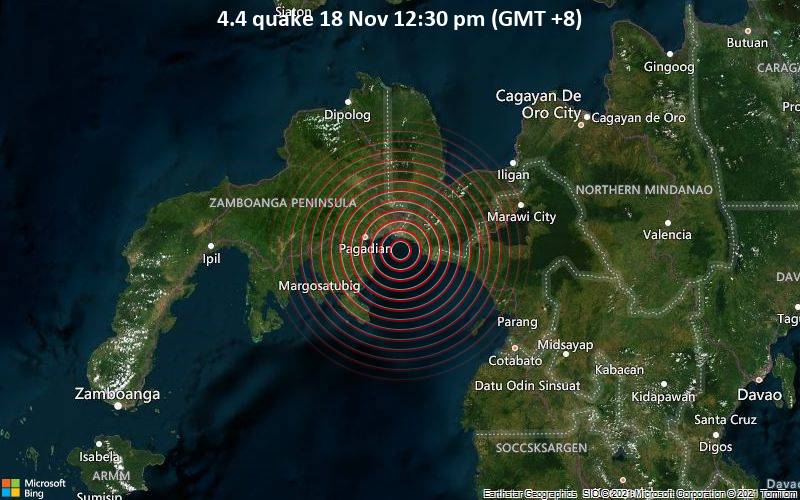 Leichtes Erdbeben der Stärke 4.4 - Celebes Sea, 21 km östlich von Pagadian, Philippinen, am Donnerstag, 18. Nov 2021 um 12:30 Lokalzeit