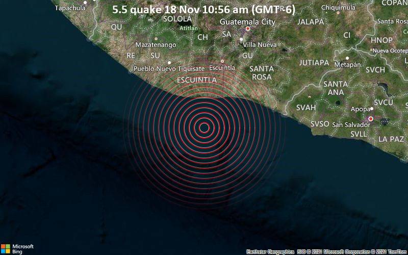 Starkes Magnitude 5.5 Erdbeben - Departamento de La Libertad, 40 km südwestlich von San Jose, Guatemala, am Donnerstag, 18. Nov 2021 um 10:56 Lokalzeit