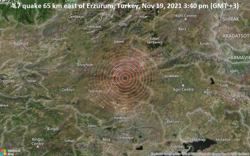 4.7 quake 65 km east of Erzurum, Turkey, Nov 19, 2021 3:40 pm (GMT +3)