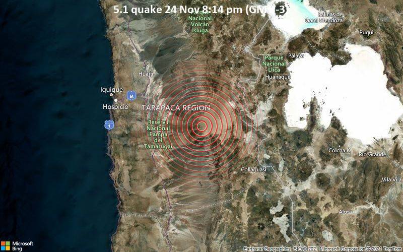 Moderates Erdbeben der Stärke 5.1 - Tamarugal, 108 km östlich von Iquique, Tarapaca, Chile, am Mittwoch, 24. Nov 2021 um 20:14 Lokalzeit