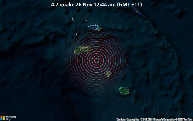 Leichtes Erdbeben der Stärke 4.7 - Korallen Meer, 58 km südöstlich von Lata, Salomonen, am Freitag, 26. Nov 2021 um 00:44 Lokalzeit