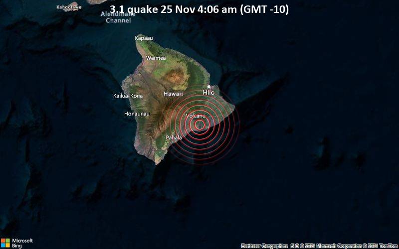 Leichtes Erdbeben der Stärke 3.1 - 46 km südlich von Hilo, Hawaii County, USA, am Donnerstag, 25. Nov 2021 um 04:06 Lokalzeit