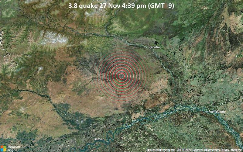Leichtes Erdbeben der Stärke 3.8 - Area censal de Yukon-Koyukuk Parish, 33 km südwestlich von Venetie, Area censal de Yukon-Koyukuk, Alaska, USA, am Samstag, 27. Nov 2021 um 16:39 Lokalzeit