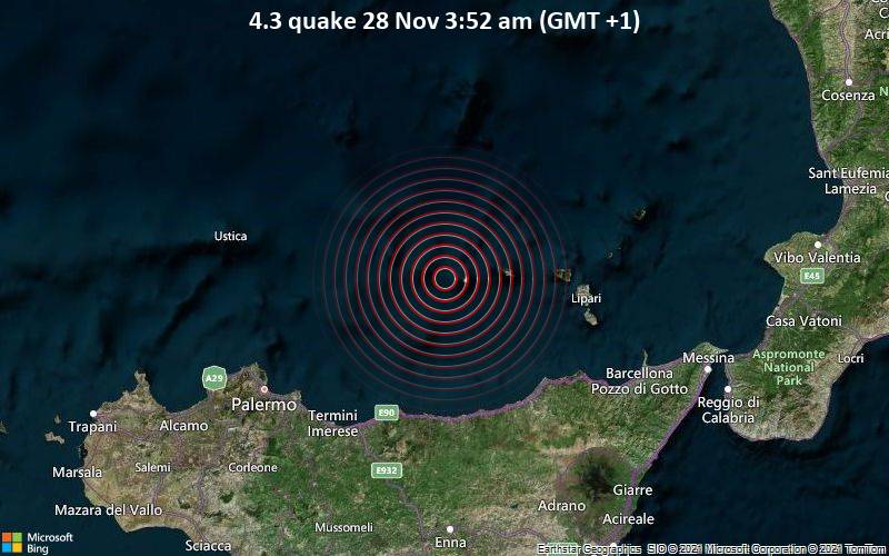 Moderates Erdbeben der Stärke 4.3 - Tyrrhenisches Meer, 8.9 km westlich von Alicudi , Sizilien, Italien, am Sonntag, 28. Nov 2021 um 03:52 Lokalzeit