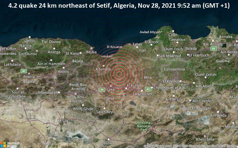 Moderates Erdbeben der Stärke 4.2 - 24 km nordöstlich von Sétif, Setif, Algerien, am Sonntag, 28. Nov 2021 um 09:52 Lokalzeit