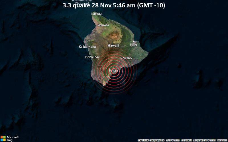 Schwaches Erdbeben Stärke 3.3 - 1.7 km südlich von Pāhala, Hawaii County, USA, am Sonntag, 28. Nov 2021 um 05:46 Lokalzeit