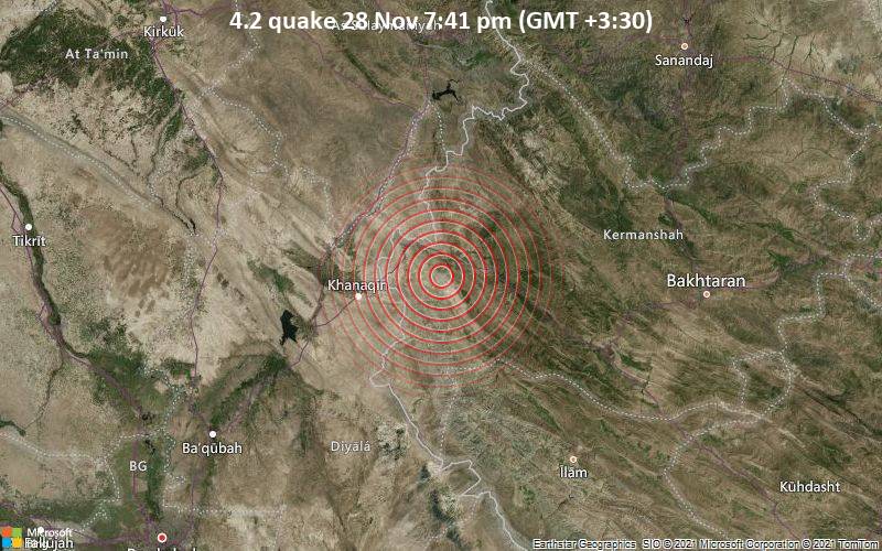 Moderates Erdbeben der Stärke 4.2 - 11 km südwestlich von Sarpol-e Z̄ahāb, Kermanshah Province, Iran, am Sonntag, 28. Nov 2021 um 19:41 Lokalzeit