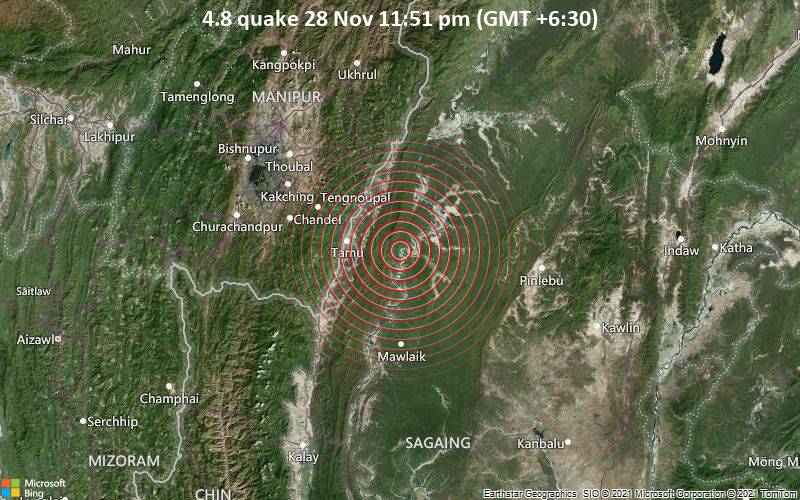 Moderates Erdbeben der Stärke 4.8 - 62 km nördlich von Mawlaik, Sagaing Region, Myanmar, am Sonntag, 28. Nov 2021 um 23:51 Lokalzeit