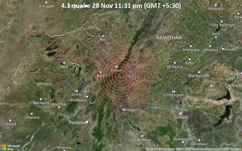 Moderates Erdbeben der Stärke 4.3 - 24 km westlich von Rājsamand, Rajsamand, Rajasthan, Indien, am Sonntag, 28. Nov 2021 um 23:31 Lokalzeit