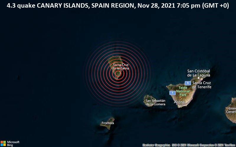 Leichtes Erdbeben der Stärke 4.3 - CANARY ISLANDS, SPAIN REGION, am Sonntag, 28. Nov 2021 um 19:05 Lokalzeit
