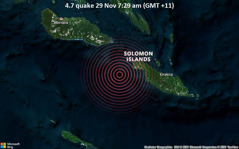 Moderates Erdbeben der Stärke 4.7 - Solomon Sea, 163 km südöstlich von Honiara, Salomonen, am Montag, 29. Nov 2021 um 07:29 Lokalzeit