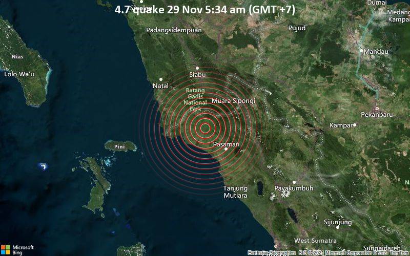 Leichtes Erdbeben der Stärke 4.7 - 111 km nordwestlich von Bukittinggi, Sumatera Barat, Indonesien, am Montag, 29. Nov 2021 um 05:34 Lokalzeit