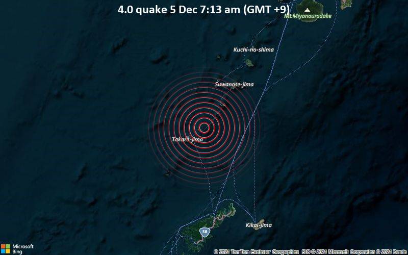 Moderates Erdbeben der Stärke 4.0 - East China Sea, 98 km nördlich von Naze, Amami Shi, Kagoshima, Japan, am Sonntag,  5. Dez 2021 um 07:13 Lokalzeit