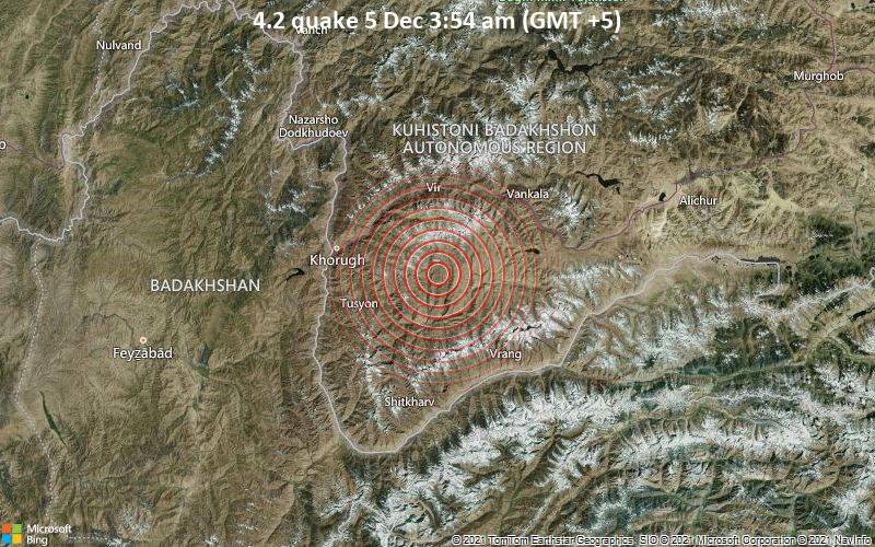 Leichtes Erdbeben der Stärke 4.2 - 84 km nordöstlich von Ishqoshim, Ishkoshim, Gorno-Badakhshan, Tadschikistan, am Sonntag,  5. Dez 2021 um 03:54 Lokalzeit
