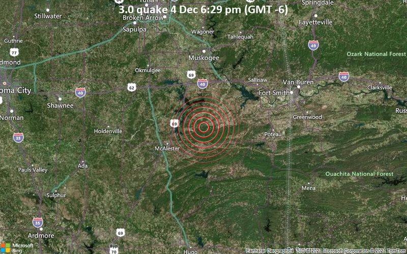 Leichtes Erdbeben der Stärke 3.0 - 39 km nordöstlich von McAlester, Pittsburg County, Oklahoma, USA, am Samstag,  4. Dez 2021 um 18:29 Lokalzeit