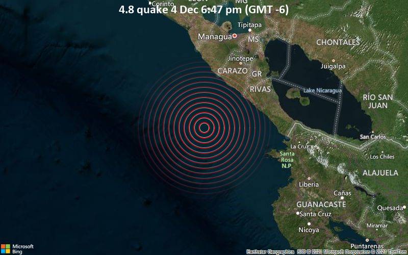 Moderates Erdbeben der Stärke 4.8 - Nordpazifik, 87 km südwestlich von Jinotepe, Carazo, Nicaragua, am Samstag,  4. Dez 2021 um 18:47 Lokalzeit