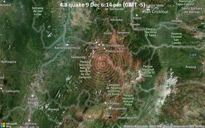 Leichtes Erdbeben der Stärke 4.8 - Curiti, 12 km nördlich von San Gil, Santander, Kolumbien, am Donnerstag,  9. Dez 2021 um 18:14 Lokalzeit