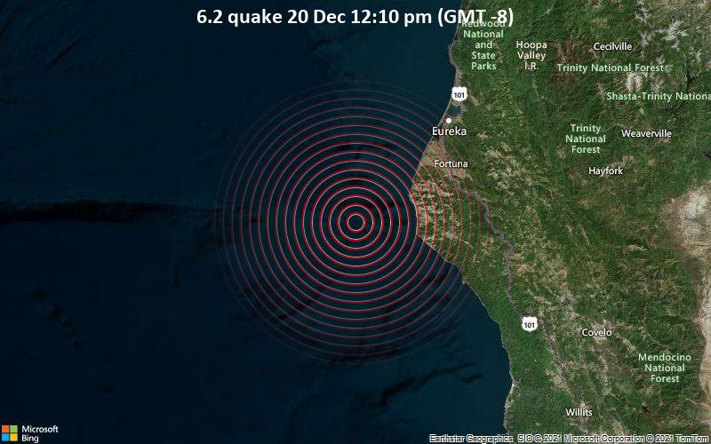 Sehr starkes Magnitude 6.2 Erdbeben - Nordpazifik, 73 km südwestlich von Eureka, Humboldt County, Kalifornien, USA, am Montag, 20. Dez 2021 um 12:10 Lokalzeit