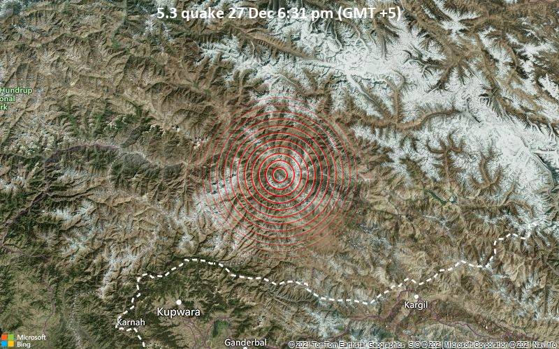 Starkes Magnitude 5.3 Erdbeben - Astor, 92 km südöstlich von Gilgit, Pakistan, am Montag, 27. Dez 2021 um 18:31 Lokalzeit