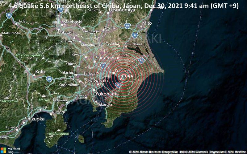 Leichtes Erdbeben der Stärke 4.6 - 5.6 km nordöstlich von Chiba, Japan, am Donnerstag, 30. Dez 2021 um 09:41 Lokalzeit