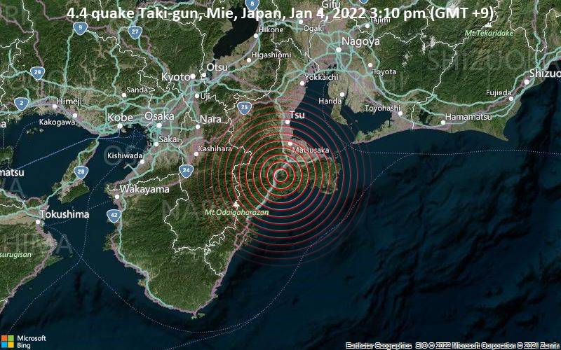 4.4 quake Taki-gun, Mie, Japan, Jan 4, 2022 3:10 pm (GMT +9)