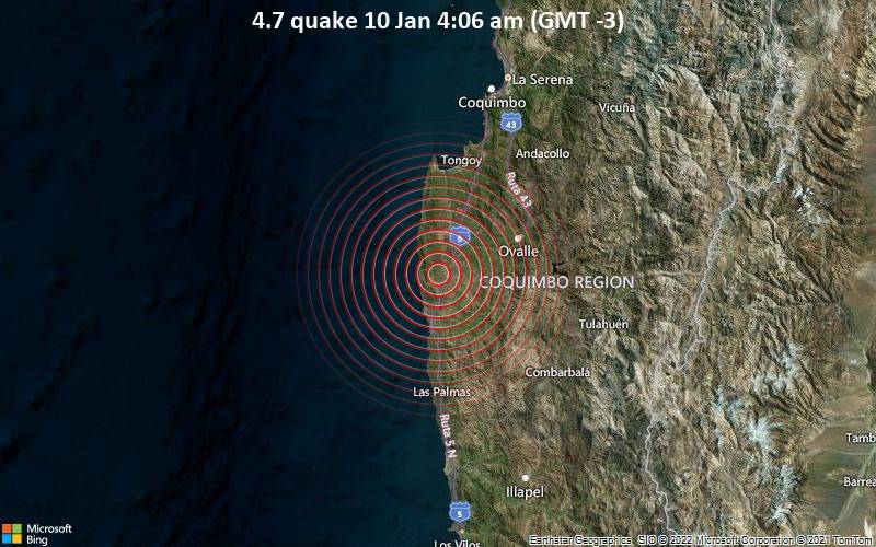 Moderates Erdbeben der Stärke 4.7 - Limarí Province, 100 km südlich von La Serena, Provincia de Elqui, Coquimbo Region, Chile, am Montag, 10. Jan 2022 um 04:06 Lokalzeit