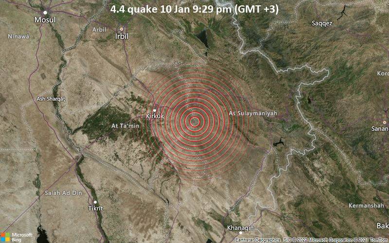 Leichtes Erdbeben der Stärke 4.4 - as-Sulaimaniyya, 227 km nördlich von Bagdad, Al Rusafa, Baghdad, Irak, am Montag, 10. Jan 2022 um 21:29 Lokalzeit