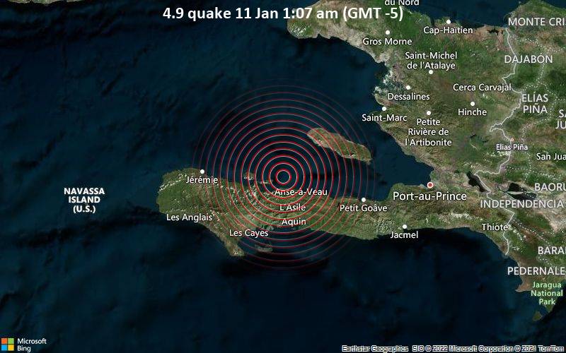 Moderates Erdbeben der Stärke 4.9 - Caribbean Sea, 122 km westlich von Port-au-Prince, Haiti, am Dienstag, 11. Jan 2022 um 01:07 Lokalzeit