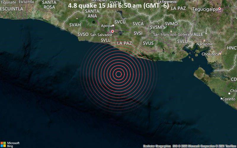 Leichtes Erdbeben der Stärke 4.8 - Nordpazifik, 85 km südlich von San Salvador, El Salvador, am Samstag, 15. Jan 2022 um 06:50 Lokalzeit