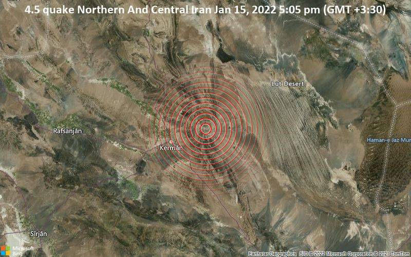 Moderates Erdbeben der Stärke 4.5 - Northern And Central Iran, am Samstag, 15. Jan 2022 um 17:05 Lokalzeit