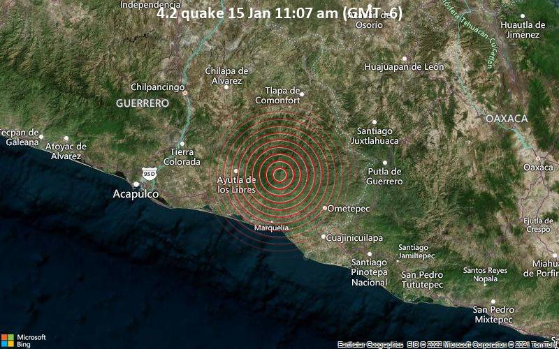 Leichtes Erdbeben der Stärke 4.2 - San Luis Acatlán, Guerrero, 279 km südlich von Mexiko-Stadt, Mexiko, am Samstag, 15. Jan 2022 um 11:07 Lokalzeit