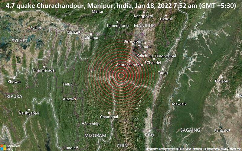 4.7 quake Churachandpur, Manipur, India, Jan 18, 2022 7:52 am (GMT +5:30)