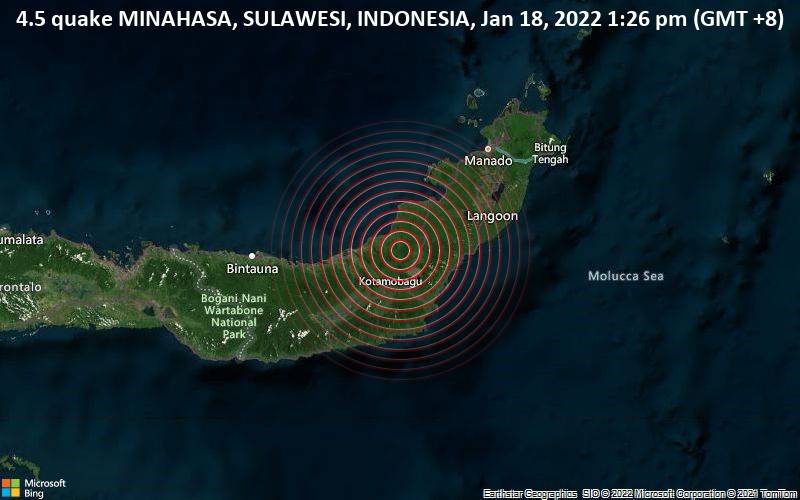 4.5 quake MINAHASA, SULAWESI, INDONESIA, Jan 18, 2022 1:26 pm (GMT +8)
