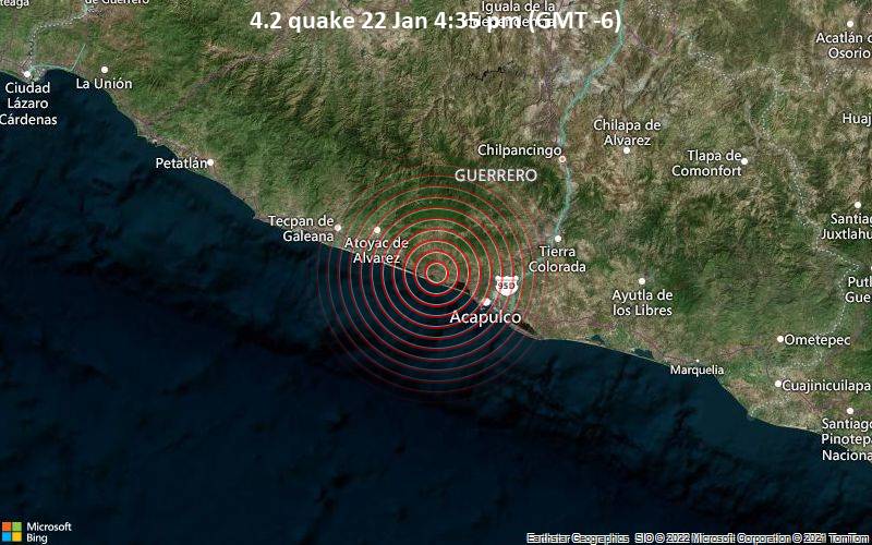 Moderates Erdbeben der Stärke 4.2 - Coyuca de Benitez, Guerrero, 289 km südlich von Mexiko-Stadt, Mexiko, am Samstag, 22. Jan 2022 um 16:35 Lokalzeit